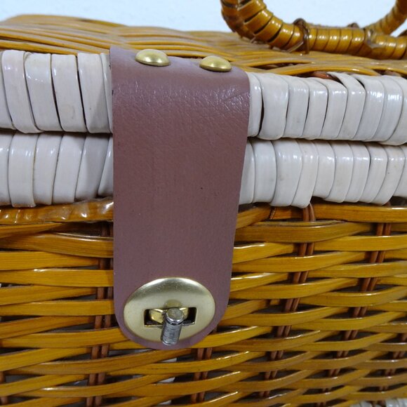 Vintage Wicker Sewing Basket Rectangle Hinged Double Clasp 14x8x7" Handles - Picture 7 of 11